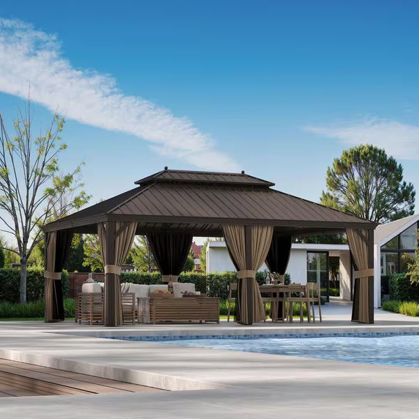 14 Ft. X 20 Ft. Double Galvanized Steel Roof Aluminum Frame Outdoor Patio Hardtop Gazebo with Netting and Curtains