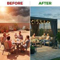 10' X 12' Louvered Pergola, Aluminum Frame Outdoor Pergola with Curtains & Netting, Adjustable Louvered Roof & Integrated Gutter System, Hardtop Patio Gazebo for Backyard, Patio, Garden, Dark Gray — Before & After