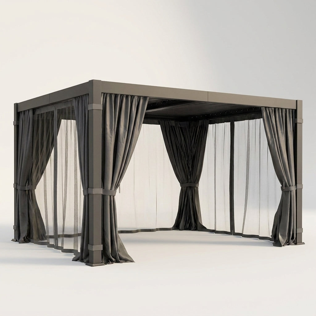 10' X 12' Louvered Pergola, Aluminum Frame Outdoor Pergola with Curtains & Netting, Adjustable Louvered Roof & Integrated Gutter System, Hardtop Patio Gazebo for Backyard, Patio, Garden, Dark Gray — Studio Shot