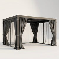 10' X 12' Louvered Pergola, Aluminum Frame Outdoor Pergola with Curtains & Netting, Adjustable Louvered Roof & Integrated Gutter System, Hardtop Patio Gazebo for Backyard, Patio, Garden, Dark Gray — Studio Shot
