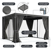 10' X 12' Louvered Pergola, Aluminum Frame Outdoor Pergola with Curtains & Netting, Adjustable Louvered Roof & Integrated Gutter System, Hardtop Patio Gazebo for Backyard, Patio, Garden, Dark Gray — How It Works