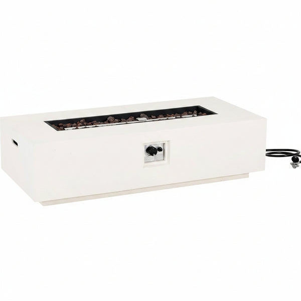 Aidan Lightweight Concrete Outdoor Propane Fire Pit Table, 50,000 BTU Rectangular Fire Table for Patio Furniture Set (No Tank Holder), Fully Assembled Patio Fire Pit, White