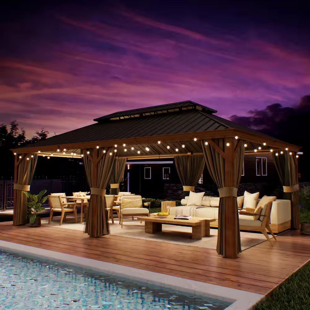 14 Ft. X 22 Ft. Double Galvanized Steel Roof Aluminum Wood-Looking Frame Outdoor Patio Hardtop Gazeb