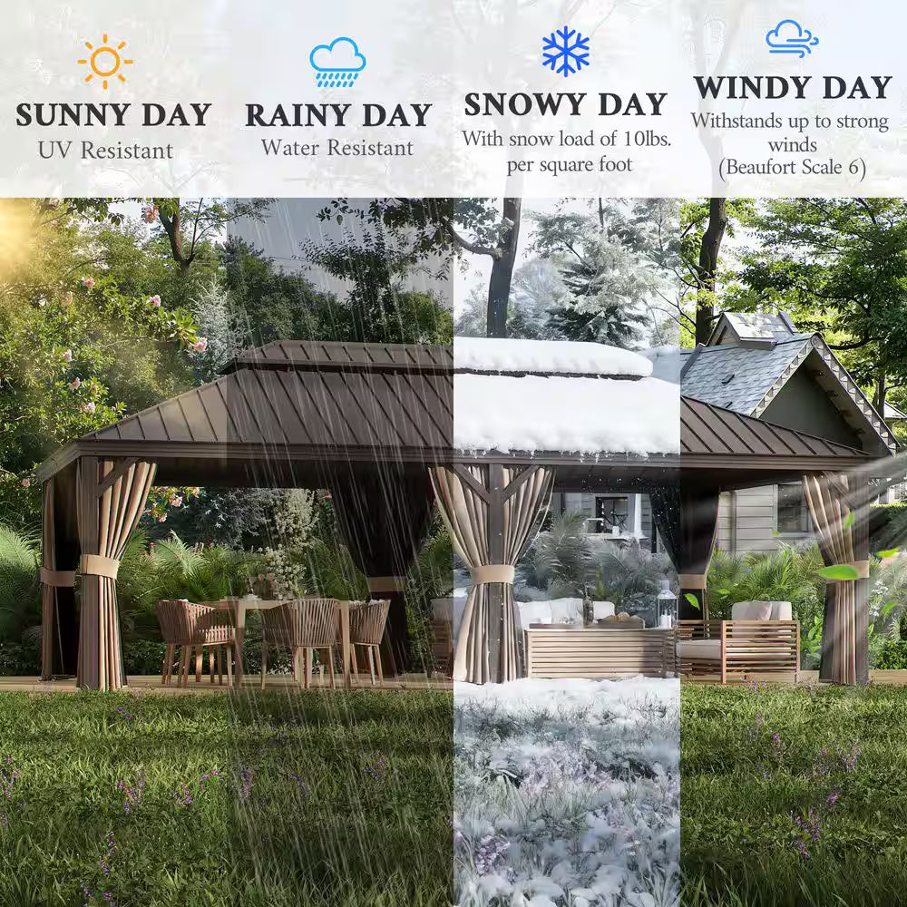 12 Ft. X 22 Ft. Double Galvanized Steel Roof Aluminum Frame Outdoor Patio Hardtop Gazebo with Netting and Curtains