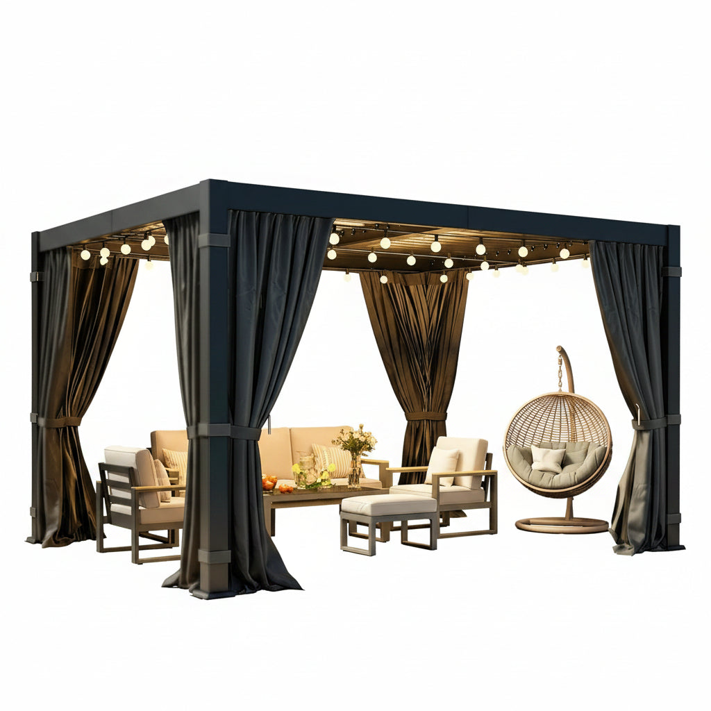 10' X 12' Louvered Pergola, Aluminum Frame Outdoor Pergola with Curtains & Netting, Adjustable Louvered Roof & Integrated Gutter System, Hardtop Patio Gazebo for Backyard, Patio, Garden, Dark Gray