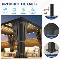 10' X 12' Louvered Pergola, Aluminum Frame Outdoor Pergola with Curtains & Netting, Adjustable Louvered Roof & Integrated Gutter System, Hardtop Patio Gazebo for Backyard, Patio, Garden, Dark Gray