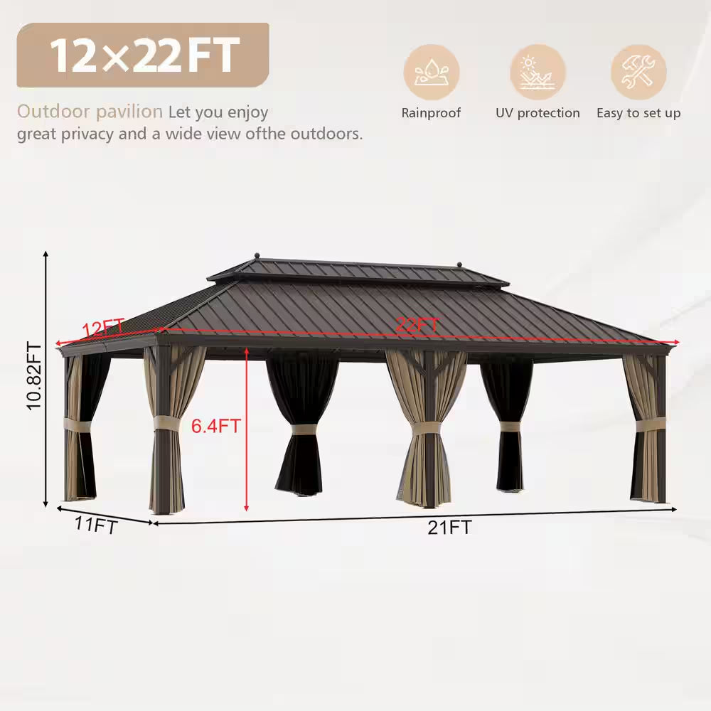 12 Ft. X 22 Ft. Double Galvanized Steel Roof Aluminum Frame Outdoor Patio Hardtop Gazebo with Netting and Curtains