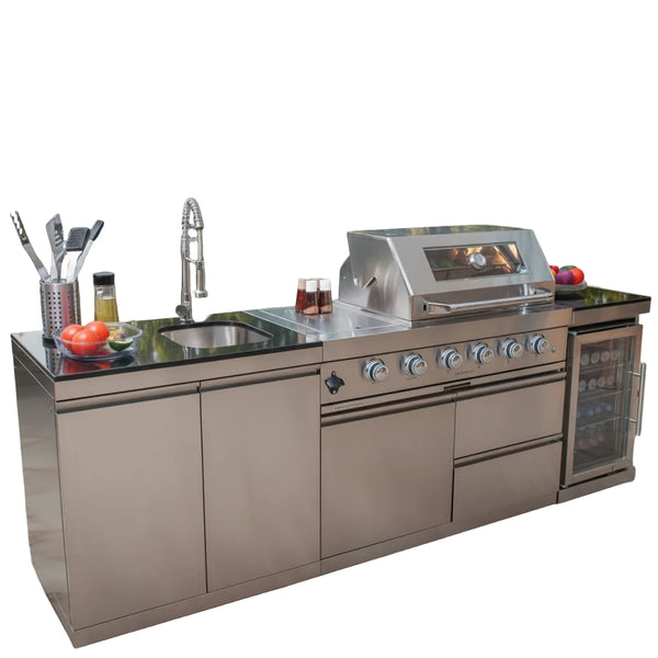 BBQ Island Outdoor Kitchen Kits, 4-Burner 72000 BTU Stainless Steel Modular 98 Inch Natural Gas Outdoor Kitchen Bar Barbecue Island Grill with Refrigerator and Sink for Patio Backyard