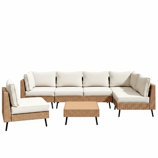 Outdoor Patio Furniture, 7 Piece Outdoor Sectional Sofa PE Rattan Wicker Patio Conversation Sets, All Weather Patio Furniture Set with Thick Cushions for Garden, Backyard(Beige)