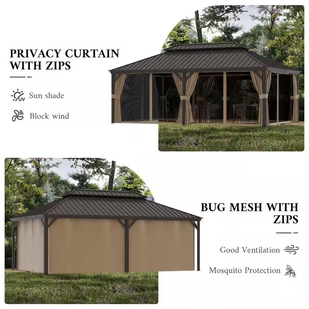 14 Ft. X 20 Ft. Double Galvanized Steel Roof Aluminum Frame Outdoor Patio Hardtop Gazebo with Netting and Curtains
