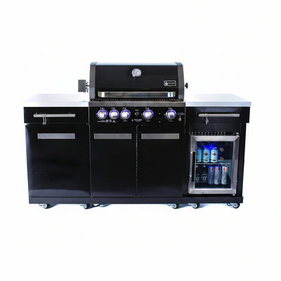Premium 70"W Black Stainless Steel Outdoor Kitchen Island BBQ Gas Grill with Compact Refrigerator & Rotisserie Burner + Dual Sided Griddle Plate + Charcoal Tray + Natural Gas Conversion Kit