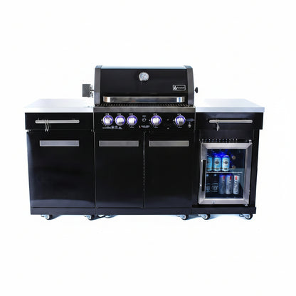 Premium 70"W Black Stainless Steel Outdoor Kitchen Island BBQ Gas Grill with Compact Refrigerator & Rotisserie Burner + Dual Sided Griddle Plate + Charcoal Tray + Natural Gas Conversion Kit