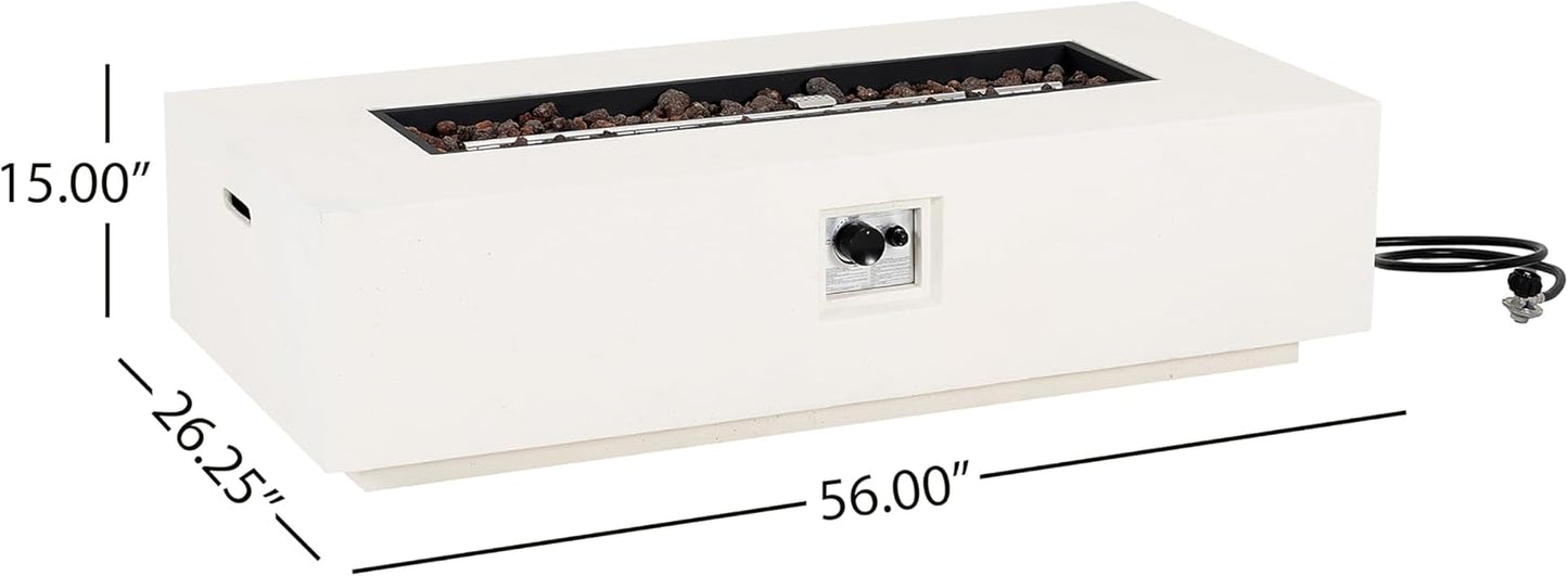 Aidan Lightweight Concrete Outdoor Propane Fire Pit Table, 50,000 BTU Rectangular Fire Table for Patio Furniture Set (No Tank Holder), Fully Assembled Patio Fire Pit, White