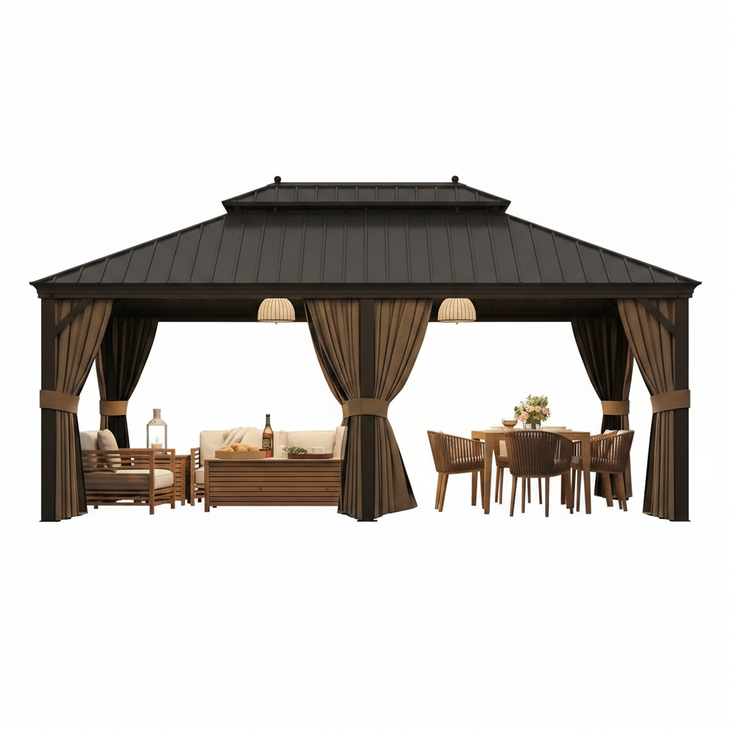 14 Ft. X 20 Ft. Double Galvanized Steel Roof Aluminum Frame Outdoor Patio Hardtop Gazebo with Netting and Curtains