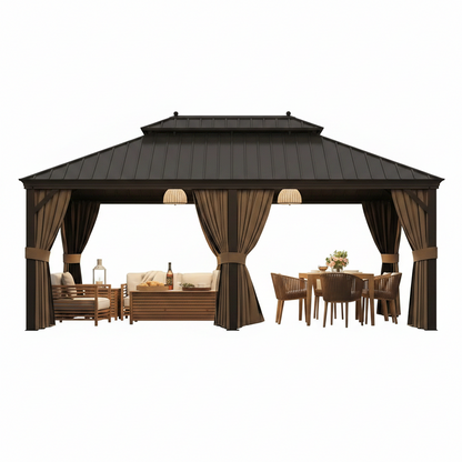 14 Ft. X 20 Ft. Double Galvanized Steel Roof Aluminum Frame Outdoor Patio Hardtop Gazebo with Netting and Curtains