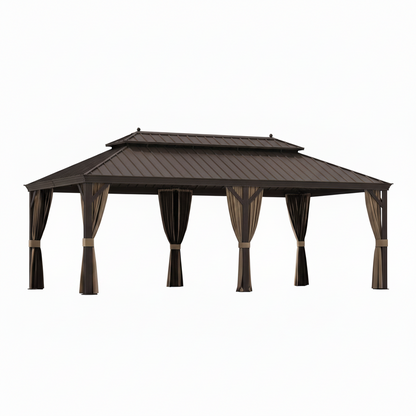 12 Ft. X 22 Ft. Double Galvanized Steel Roof Aluminum Frame Outdoor Patio Hardtop Gazebo with Netting and Curtains