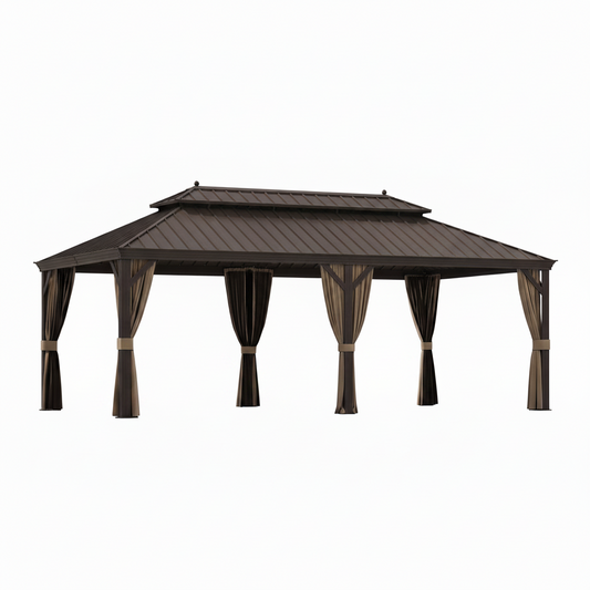 12 Ft. X 22 Ft. Double Galvanized Steel Roof Aluminum Frame Outdoor Patio Hardtop Gazebo with Netting and Curtains